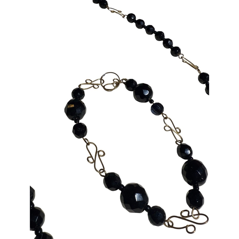 Vtg Black Faceted Bead Necklace Bracelet Set Gold Wire Link Costume Jewelry